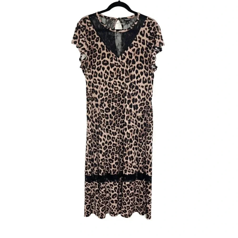 Torrid Black Leopard & Lace Inset Midi Dress with Pockets Women's Plus Size 1X